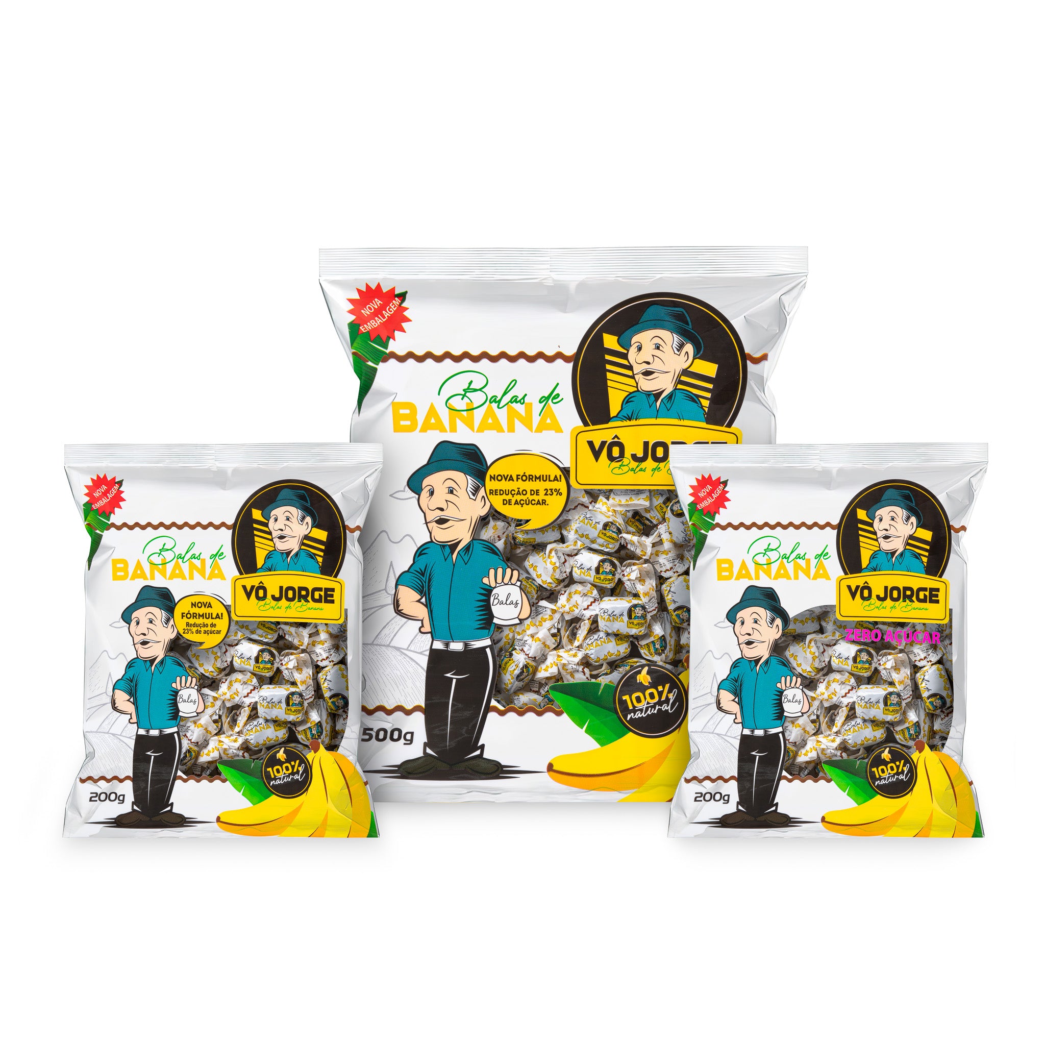Kit Balas de Banana Vô Jorge – 200g + 500g + Zero Açúcar 200g
